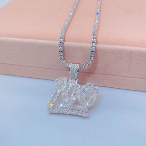 Hip Hop Iced out Baguette Moissanite Diamond 100 Score Pendant Silver 925 - Image 3