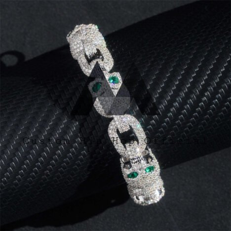 13MM Green Eyes Moissanite Skull Bracelet For Men Solid Silver Pass Diamond Tester Fully iced - Image 3
