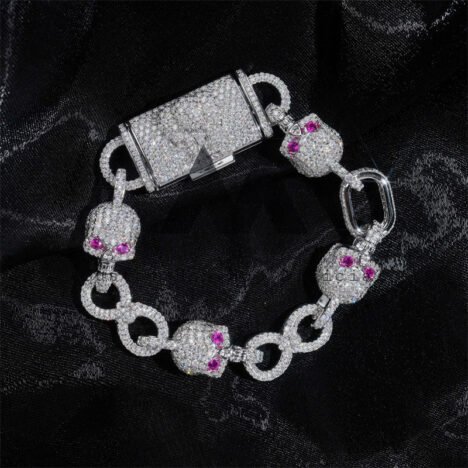 10MM Iced Out Moissanite Skull Bracelet with Ruby Eyes, 925 Silver Hip Hop Jewelry