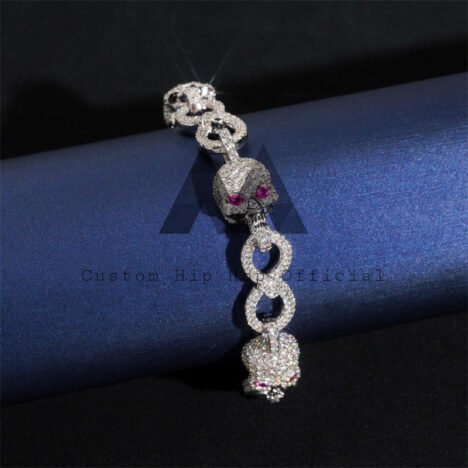 10MM Iced Out Moissanite Skull Bracelet with Ruby Eyes, 925 Silver Hip Hop Jewelry - Image 4