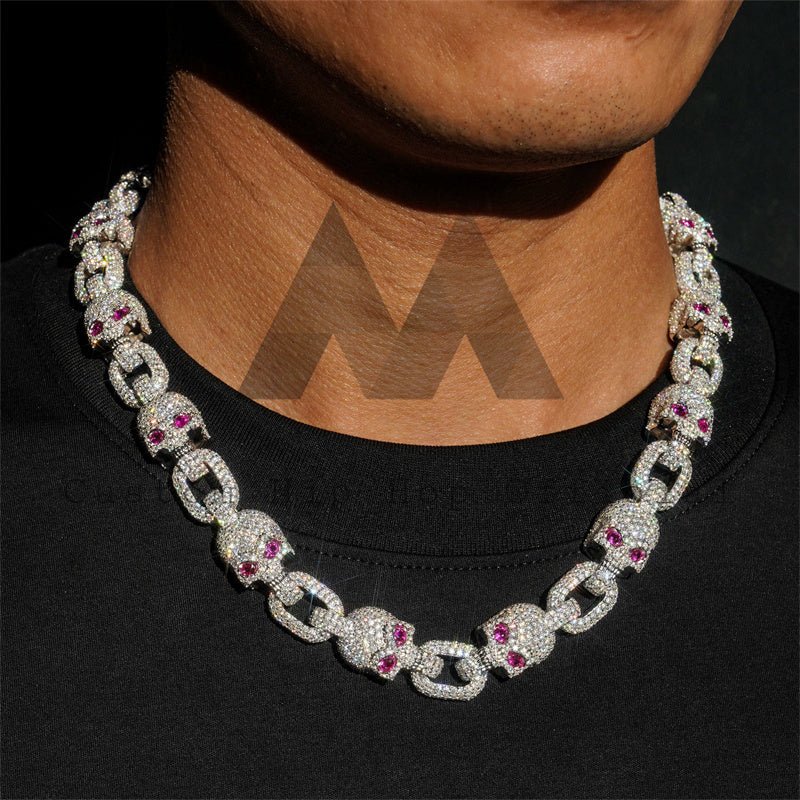 13mm Iced Moissanite Skull Chain with Ruby Eyes, Hip Hop Jewelry