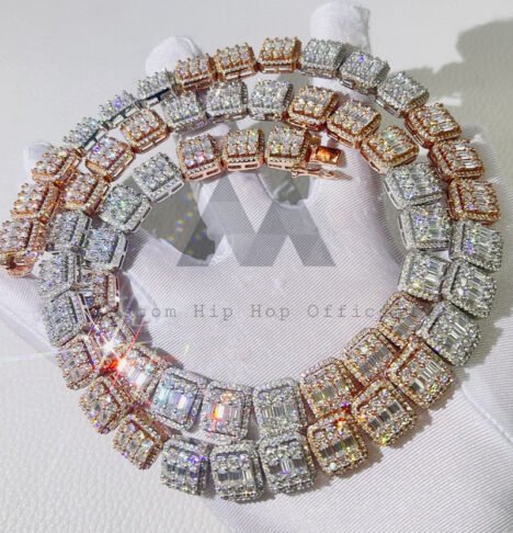13MM Baguette Moissanite Tennis Chain in 925 Silver & Rose Gold - Image 2