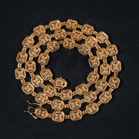 Halo Diamond Style Sterling Silver 18K Gold Plated Men Iced Out 8MM Baguette Tennis Link Chain - Image 2