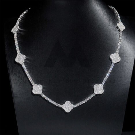 Fully Iced Out Buss Down 925 Sterling Silver 3MM Moissanite Tennis Chain With Bracelet Clover Style - Image 4