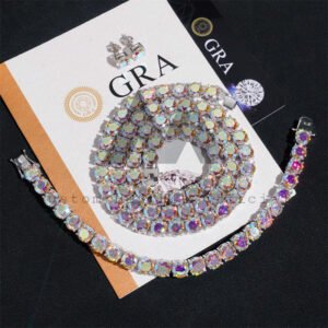 8MM 925 Silver Rainbow Moissanite Tennis Chain & 7MM Stud Earrings Set - Hip Hop Jewelry - Image 4