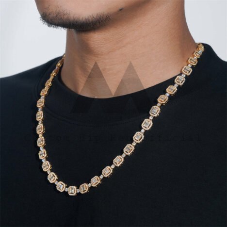 Halo Diamond Style Sterling Silver 18K Gold Plated Men Iced Out 8MM Baguette Tennis Link Chain - Image 4