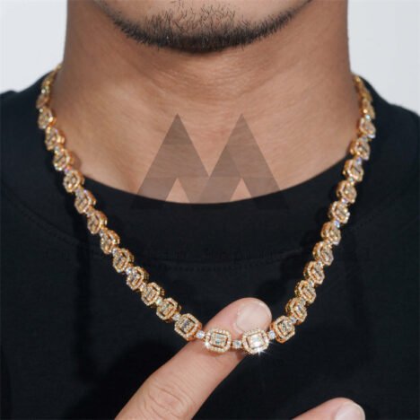 Halo Diamond Style Sterling Silver 18K Gold Plated Men Iced Out 8MM Baguette Tennis Link Chain - Image 5