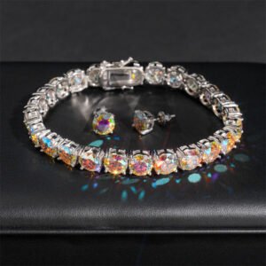8MM 925 Silver Rainbow Moissanite Tennis Chain & 7MM Stud Earrings Set - Hip Hop Jewelry - Image 6