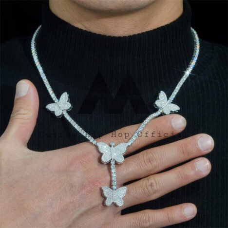 Men's 925 Silver Iced Out Butterfly Charm Tennis Necklace Hip Hop Jewelry