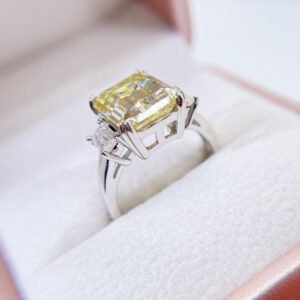 White Gold Canary Yellow Moissanite Gemstone Ring Three Stone Design For Women - Image 3